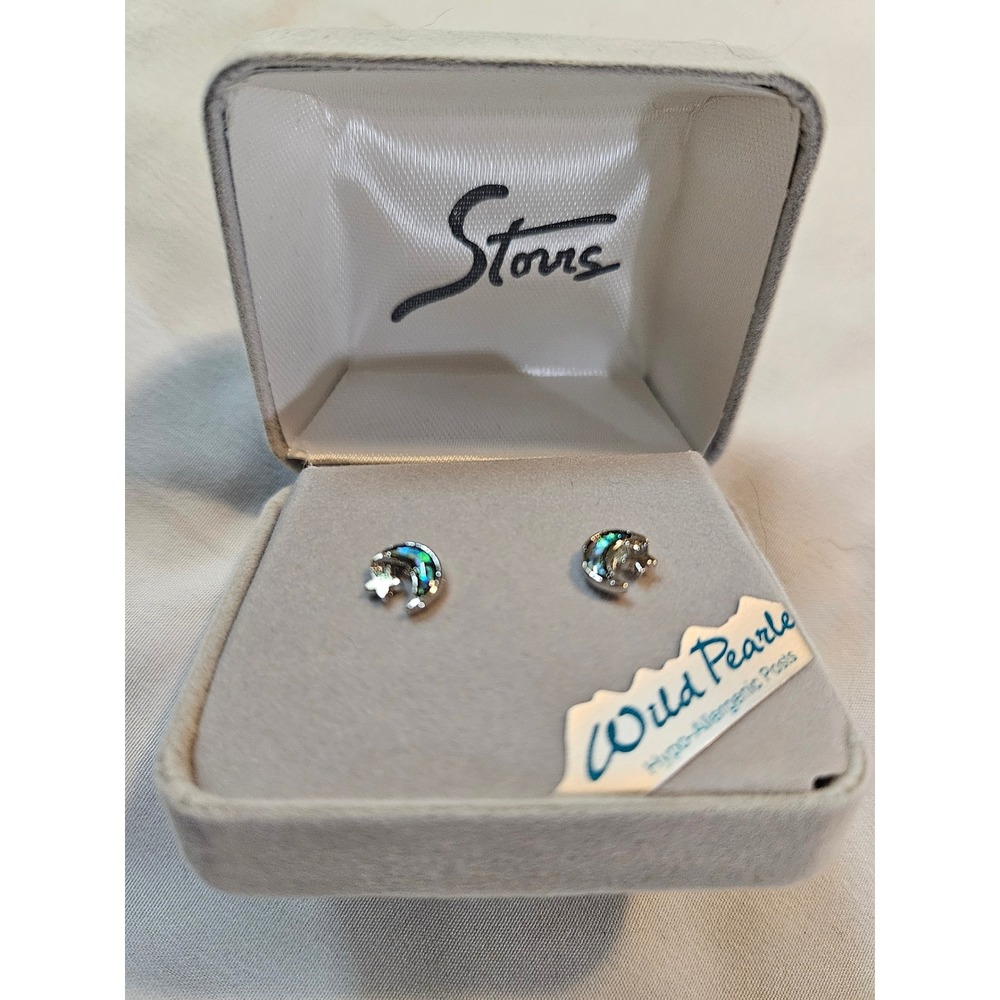 Storrs Wild Pearle Abalone Shell Moon and Star Hypoallergenic Stud Earrings